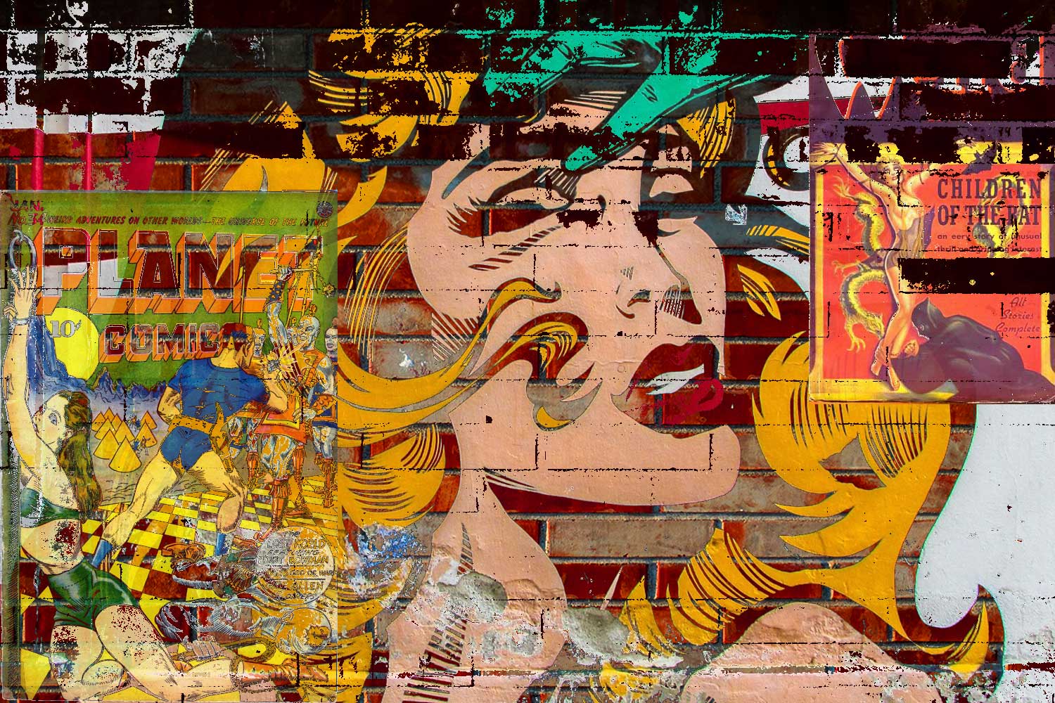 grafitti wall art with vintage comics blended together