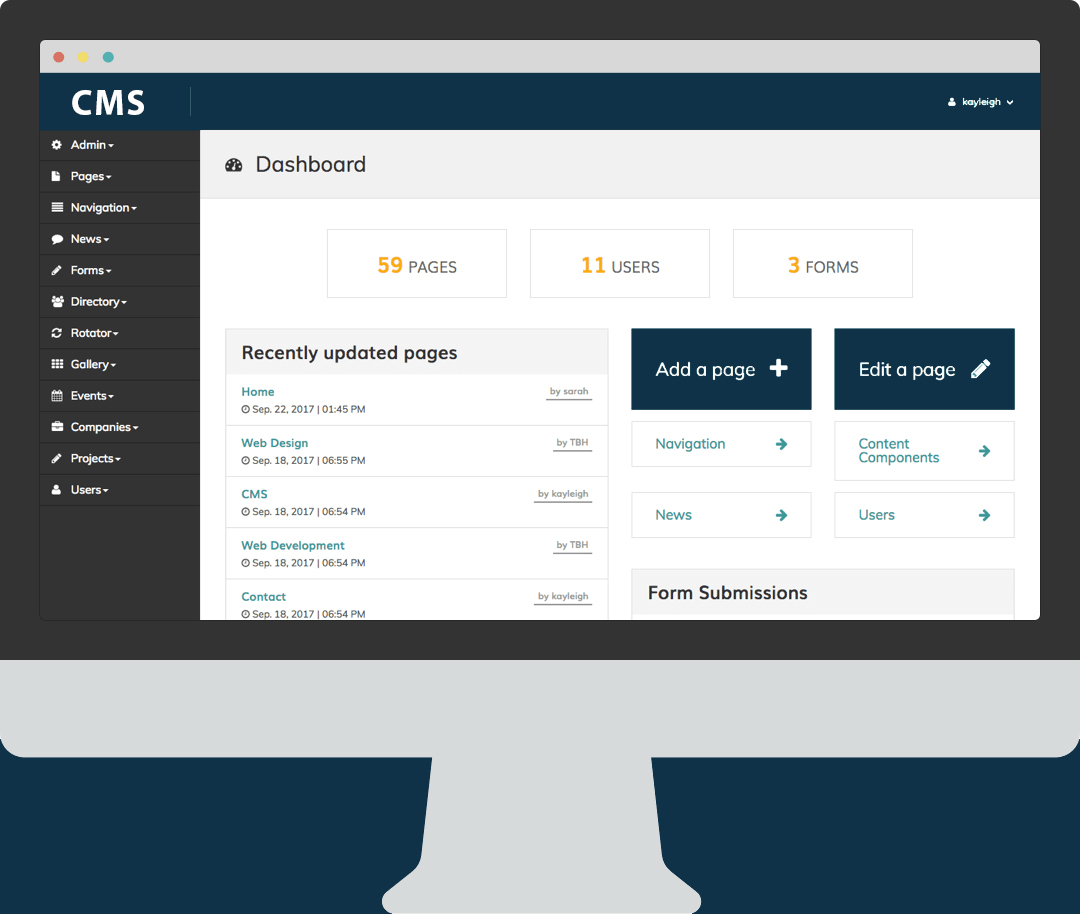 content management system preview of dashboard